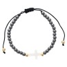 Bracelet sur corde noire r-eacute-glable- grains en h-eacute-matite synth-eacute-tique et croix blanche-