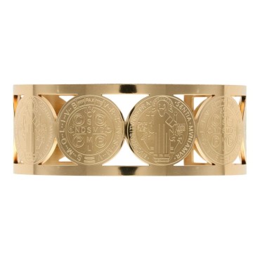Bracelet manchette de Saint Benoit en acier inoxydable de couleur dorée, ajustable au poignet. Ø intérieur 6.3 cm.