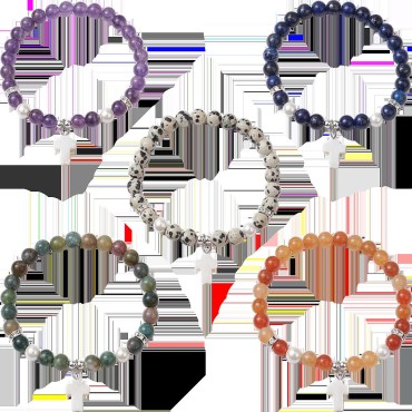 Bracelet sur -eacute-lastique en pierre naturelle avec croix en coquille naturelle 6 mm- LOT DE 5 BRACELETS ASSORTIS