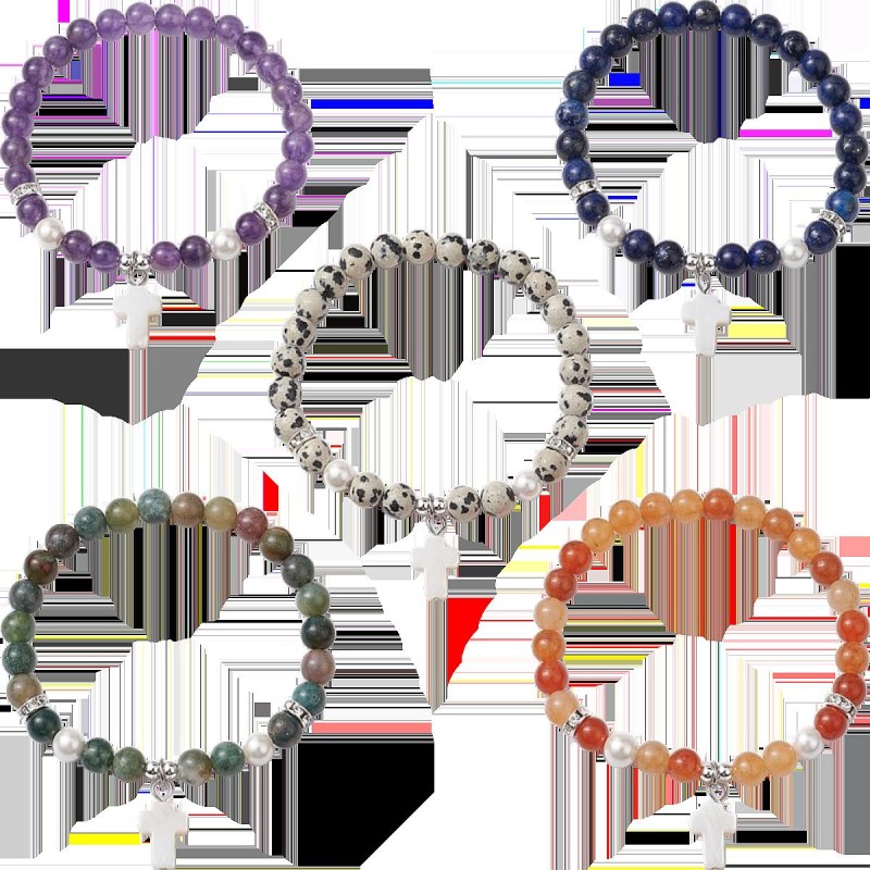 Bracelet sur -eacute-lastique en pierre naturelle avec croix en coquille naturelle 6 mm- LOT DE 5 BRACELETS ASSORTIS