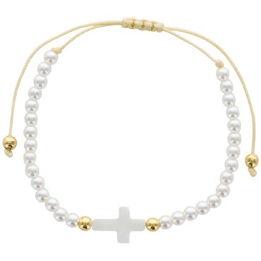 Bracelet sur corde blanche reglable- grains en coquillage -Oslash- 4 mm et croix-