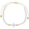 Bracelet sur corde blanche reglable- grains en coquillage -Oslash- 4 mm et croix-