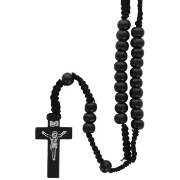 Chapelet sur corde grains rond en bois de couleur noir, avec Christ imprimé