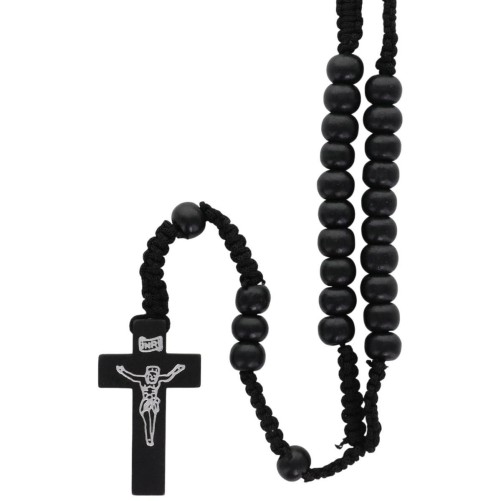 Chapelet sur corde grains rond en bois de couleur noir, avec Christ imprimé