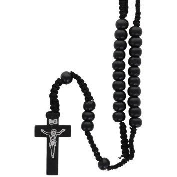Chapelet sur corde grains rond en bois de couleur noir, avec Christ imprimé