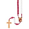 Chapelet du scapulaire sur corde grains rond en verre de couleur blanc et rouge Ø 7 mm avec croix en bois et Christ imprimé.