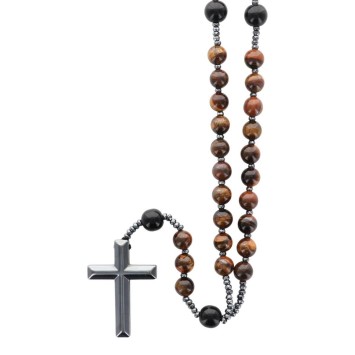 Chapelet avec grains en -oelig-il de tigre -Oslash- 8 mm avec croix en h-eacute-matite- Longueur jusqu--039-au c-oelig-ur 31 cm