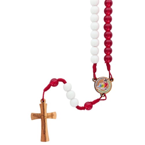 Chapelet du Jubilé 2025 des Pèlerins de l'espérance sur corde grains rond en verre, blanc et rouge Ø 7mm avec croix en bois