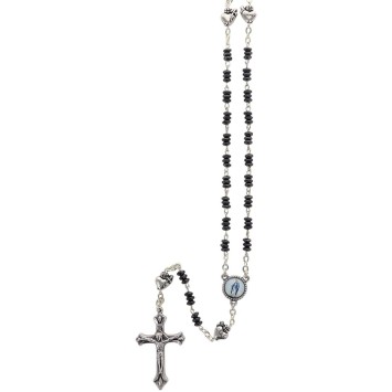 Chapelet grains en hematite H. 5mm avec pater metal de EX-VOTO avec croix metal livre en boite