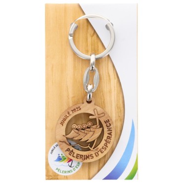 Porte-clés en bois du Jubilé 2025 Pèlerins de l'Espérance Ø 3.5 cm.