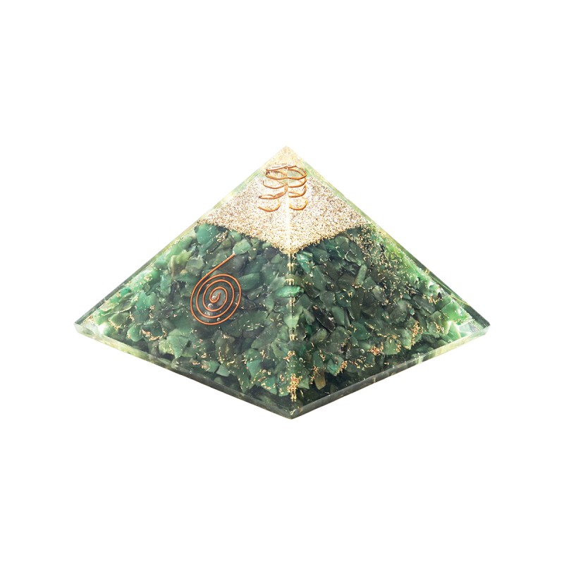 Pyramide Orgonite avec symbole Energie, L. 6 cm. Plusieurs pierres.