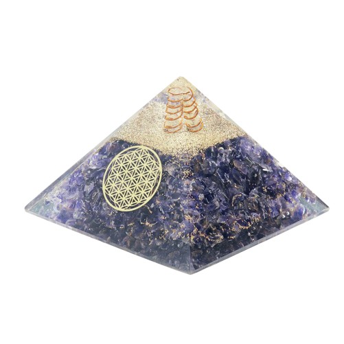 Pyramide Orgonite avec fleur de vie, L. 8 cm. Plusieurs pierres.