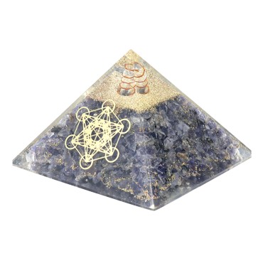 Pyramide Orgonite avec symbole metatron, L. 8 cm. Plusieurs pierres.