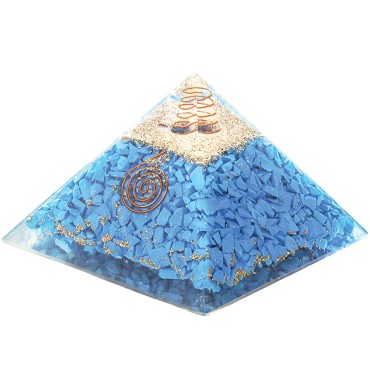 Pyramide Orgonite avec symbole Energie, L. 10 cm. Plusieurs pierres.
