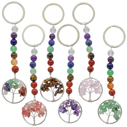 Porte-cl-eacute-s 7 chakras avec arbre de vie en pierre- diff-eacute-rentes pierres