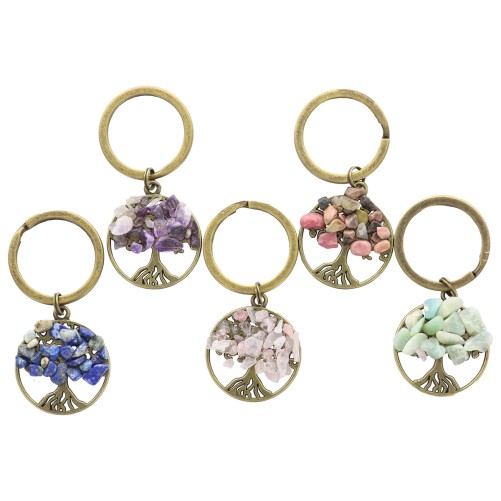 Porte-cles en metal de couleur bronze Ø 2,5 cm arbre de vie avec eclats pierres. LOT DE 5 ASSORTIS