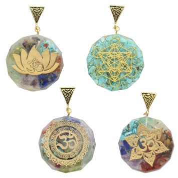 Pendentif en orgonite avec symbole couleur doree, Ø 3.6 cm. Differents symboles