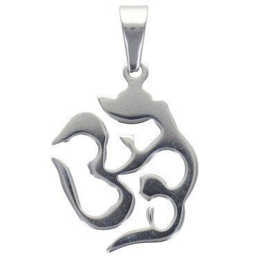 Pendentif symbole OM en acier inoxydable couleur argentee , H. 3.2 cm.