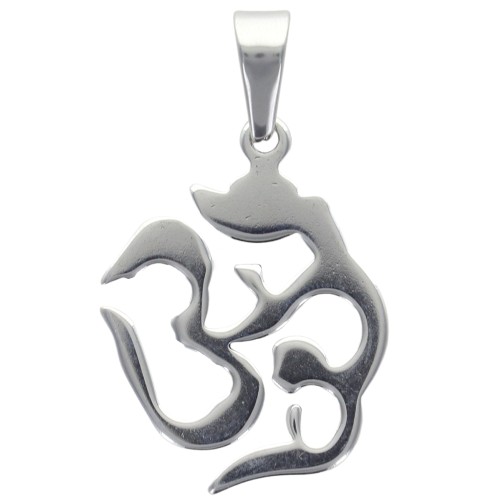 Pendentif symbole OM en acier inoxydable couleur argentee , H. 3.2 cm.