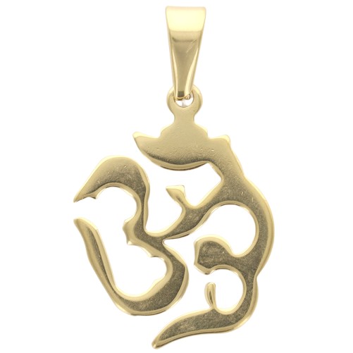 Pendentif symbole OM en acier inoxydable couleur doree , H. 3.2 cm.