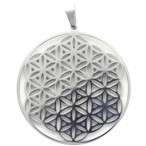 Pendentif symbole fleur de vie en acier inoxydable couleur argentee , H. 4.2 cm.