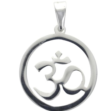 Pendentif symbole OM en acier inoxydable couleur argentée, H. 3.3 cm.