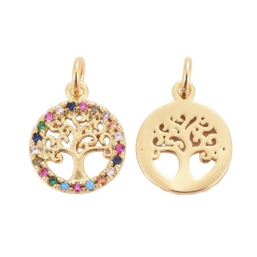 Pendentif symbole arbre de vie couleur dorée avec zircon H. 1,4 cm