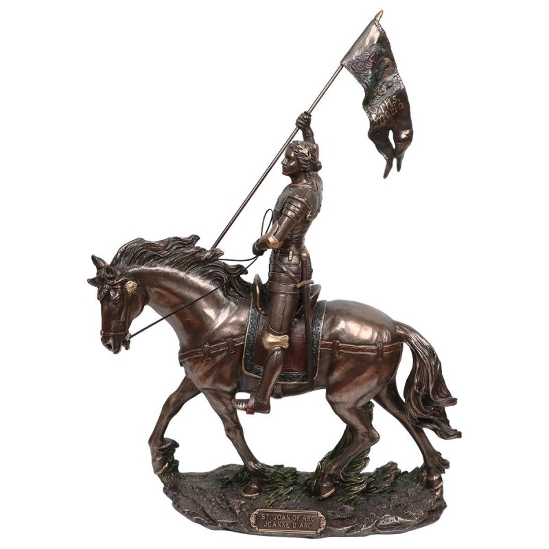 Statue de sainte Jeanne d'arc à cheval en bronze coulé à froid, hauteur 22 cm.