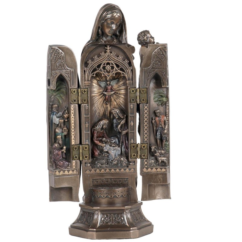 Statue bronze coulé à froid, tryptique de la Vierge à l'enfant, avec représentation de la nativité a l'intérieur, H. 20 cm