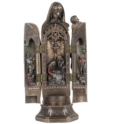 Statue bronze coule à froid, tryptique de la Vierge à l'enfant, avec représentation de la nativité a l'interieur, H. 20 cm