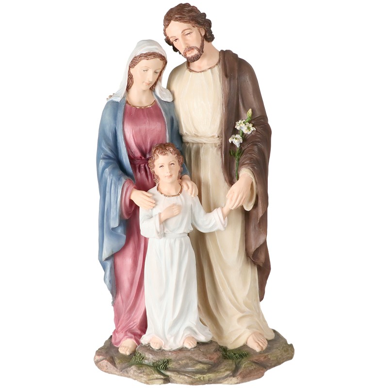 Statue de la Sainte Famille en polystone polychrome, peinte à la main, hauteur 25 cm.