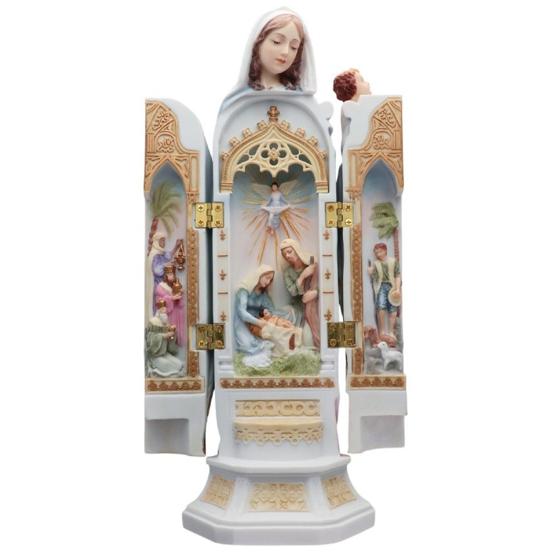 Statue en polystone polychrome, peinte à la main : Vierge à l’Enfant avec scène de la Nativité à l’intérieur, hauteur 29 cm.