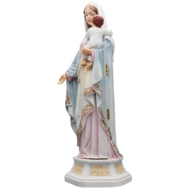 Statue en polystone polychrome peinte a la main Vierge a l'enfant, avec représentation de la nativité a l'interieur H.29 cm