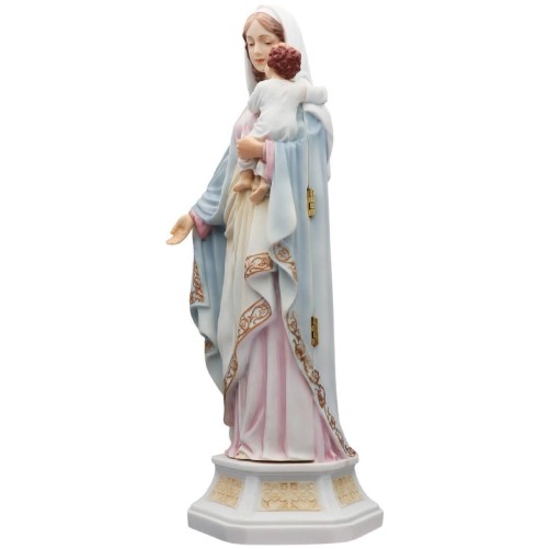 Statue en polystone polychrome peinte a la main Vierge a l'enfant, avec représentation de la nativité a l'interieur H.29 cm