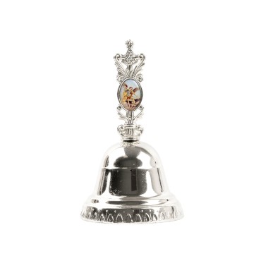 Clochette en métal couleur argentée H. 11 cm Ø 6,5 cm avec résine, plusieurs saints.