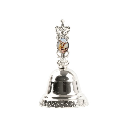 Clochette en métal couleur argentée H. 11 cm Ø 6,5 cm avec résine, plusieurs saints.