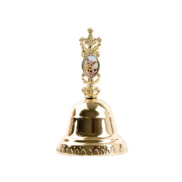 Clochette en métal couleur doréee H.11 cm Ø 6.5 cm avec résine, plusieurs saints.