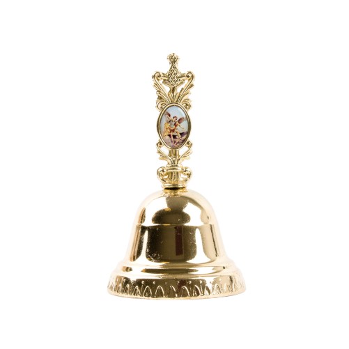 Clochette en métal couleur doréee H.11 cm Ø 6.5 cm avec résine, plusieurs saints.