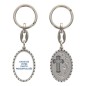 Porte-clés en aluminium de couleur argenté, hauteur 3,8 cm, avec résine. Disponible avec plusieurs saints au choix.