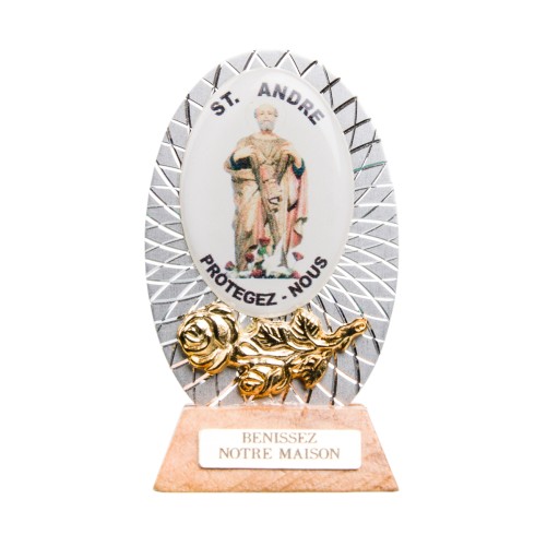 Petit chevalet alu strie sur socle bois a poser H.5.5 cm avec resine, plusieurs saints.