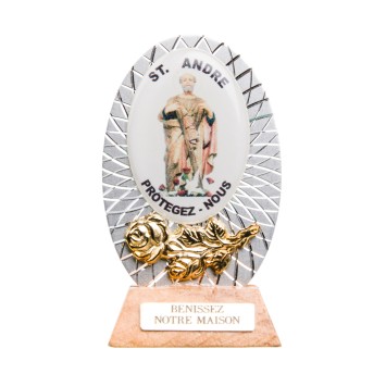 Petit chevalet alu strie sur socle bois a poser H.5.5 cm avec resine, plusieurs saints.