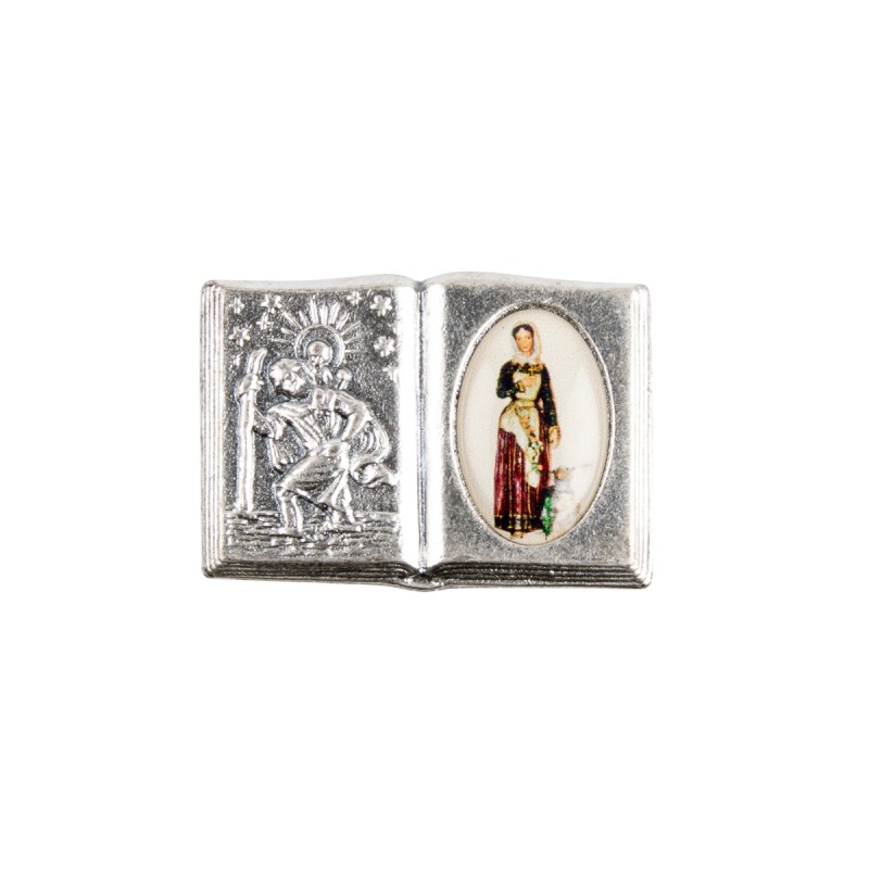 Plaque auto H.2.5x3,7 cm forme livre en metal saint Christophe avec resine des saints.