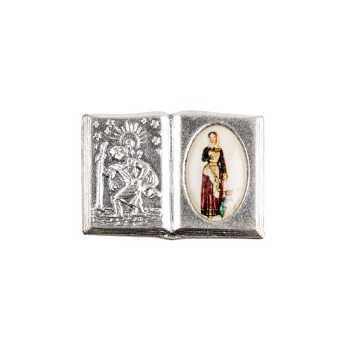 Plaque auto H.2.5x3,7 cm forme livre en metal saint Christophe avec resine des saints.