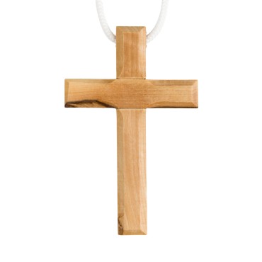 Croix d'aube en bois d'olivier de Terre Sainte bords biseautés 7 cm avec cordon blanc 60 cm..