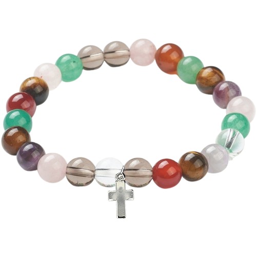 Bracelet sur élastique en pierre naturelle mixe Ø 8 mm, avec croix.