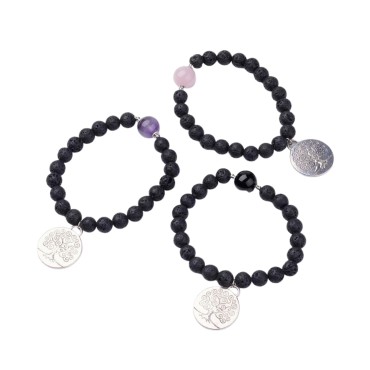 Bracelet sur élastique en pierre de lave Ø 8 mm et grains en pierre naturelle 10 mm avec medaille arbre de vie LOT DE 5