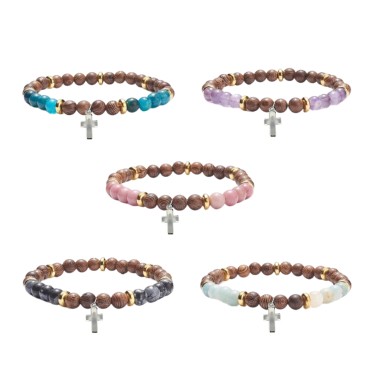 Bracelet sur elastique grains bois de wenge et pierres naturelles Ø 7 mm. LOT DE 5 ASSORTIS