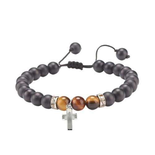 Bracelet sur corde reglable grains en pierre de lave poli et œil de tigre Ø 8 mm avec croix metal