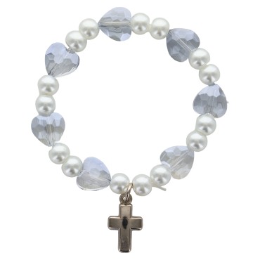 Bracelet sur élastique pour enfant avec grains en verre en forme de cœur et perles nacrées Ø 9 mm. LOT DE 5 ASSORTIS..