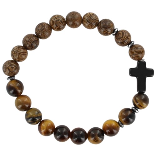 Bracelet sur élastique grains bois et pierre assortie Ø 8 mm avec croix, LOT DE 5 ASSORTIS